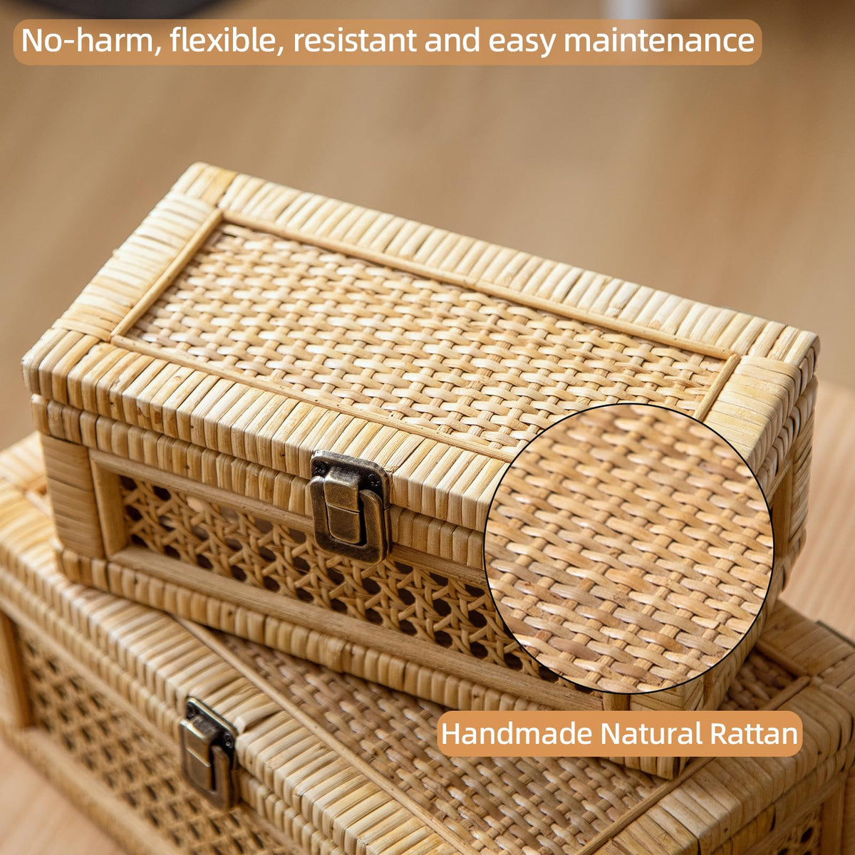 HuiDao Rattan Decorative Box, Boho Display Boxes with Lids, Set of 2 Rectangular Wicker Storage Basket, Natural Woven Cane Bins for Home Decor (Rectangular)