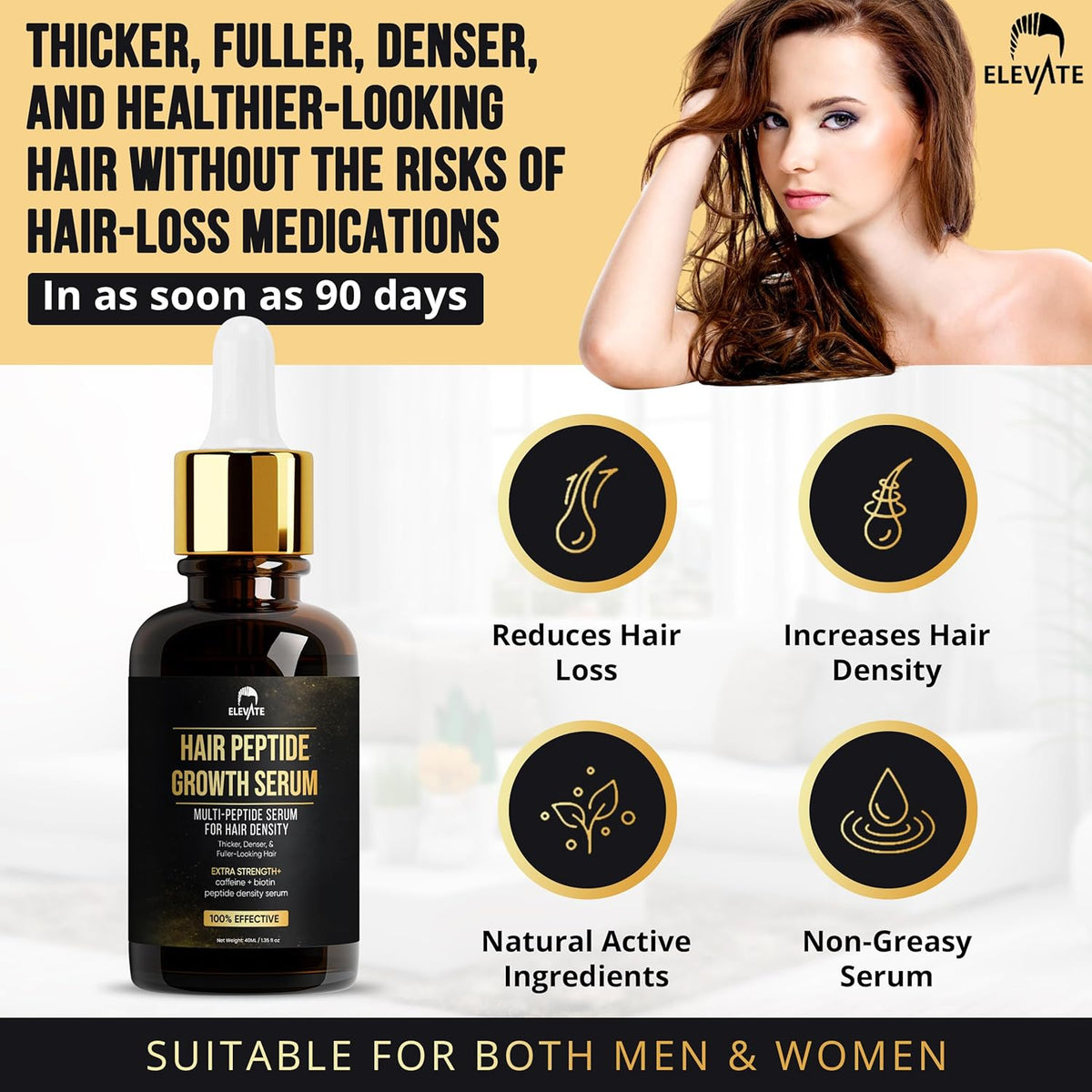 Elevate Multi-Peptide Hair Growth Serum Caffeine + Biotin Peptide Density for Fuller Thicker Visibly Longer Natural Hair Regrowth – Vegan Safe & Gentle Scalp Serum Formula Treatment for Thinning Loss
