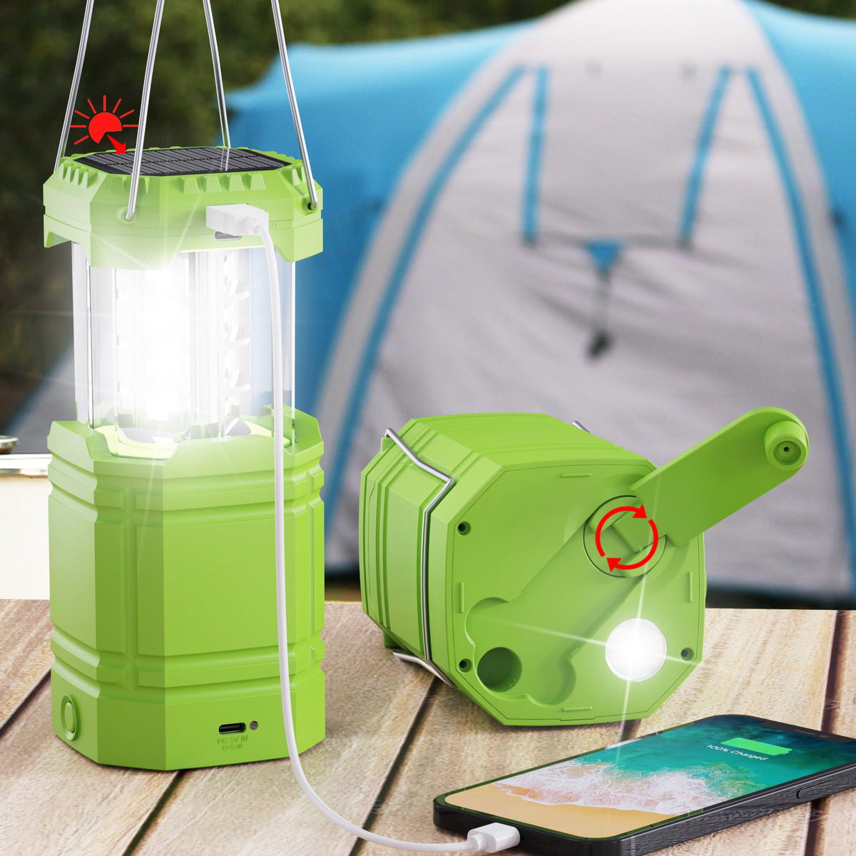 3000mAh Large Capacity Hand Crank Solar Camping Lantern, Portable Ultra Bright LED Torch, 23-26 Hours Running Time, USB Charger, Electronic Lantern for Outdoor