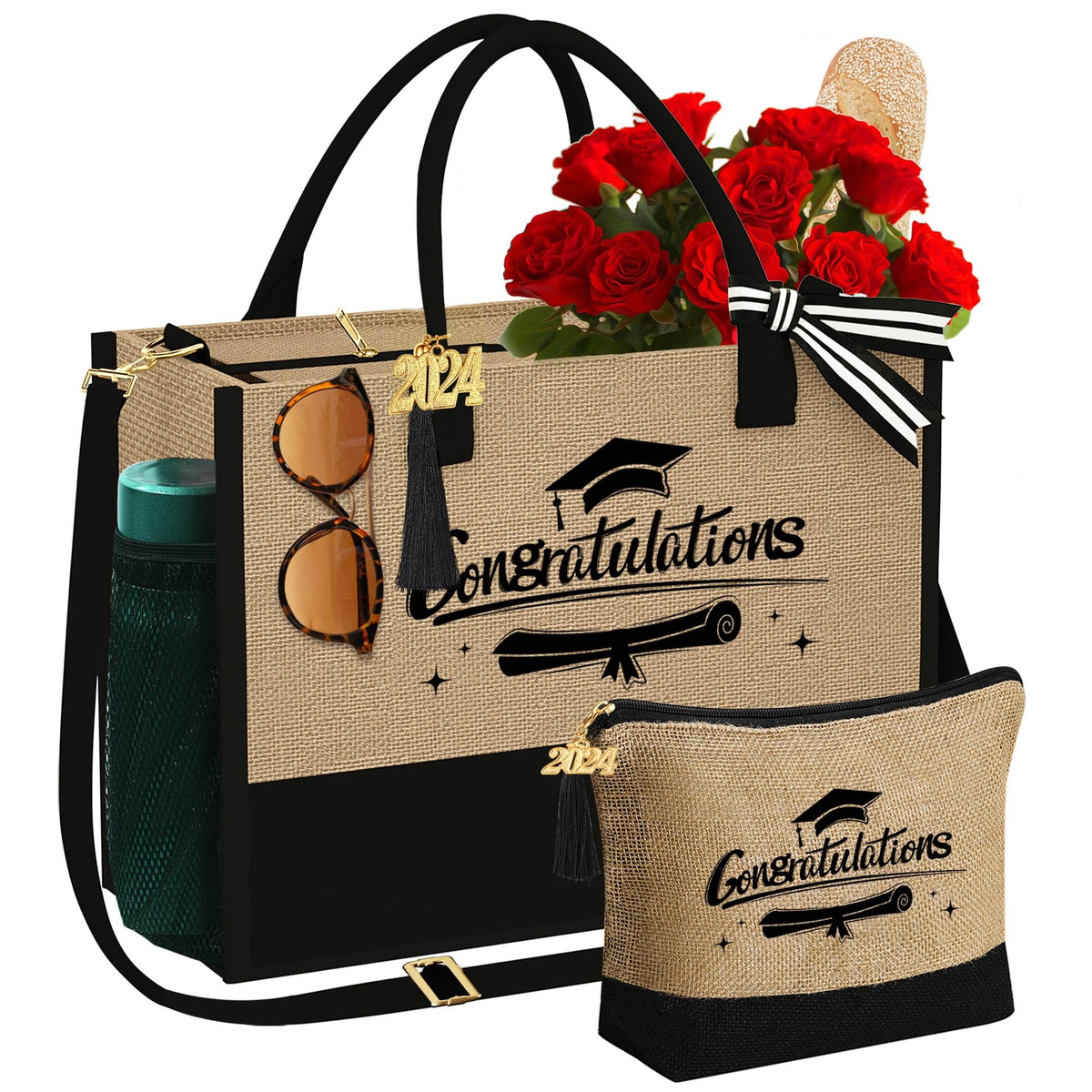 YOOLIFE Personalized Gifts for Women - Initial Jute Tote Bag & Makeup Bag, Birthday Gifts for Women Mom Wife Teacher Friend