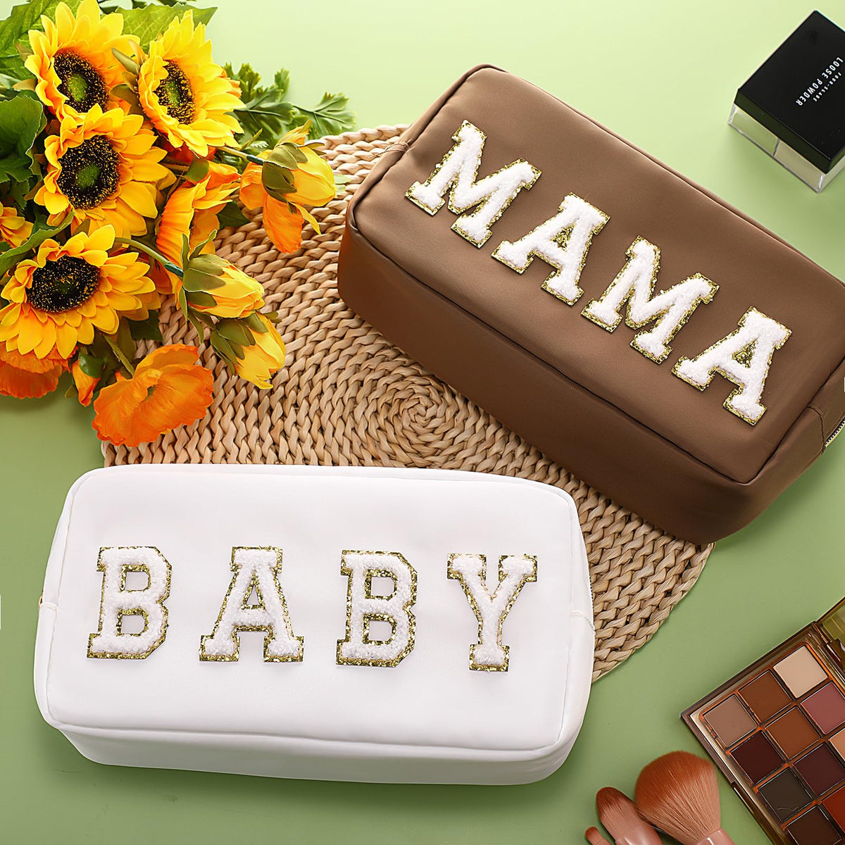 Sanwuta 2 Pieces Mama Gifts Makeup Bag Mom Birthday Gifts Nylon Cosmetic Bag Mothers Day Appreciation Toiletry Preppy Patch Chenille Letter Pouch for Women Her New Mom(Camel, White,Baby and Mama)