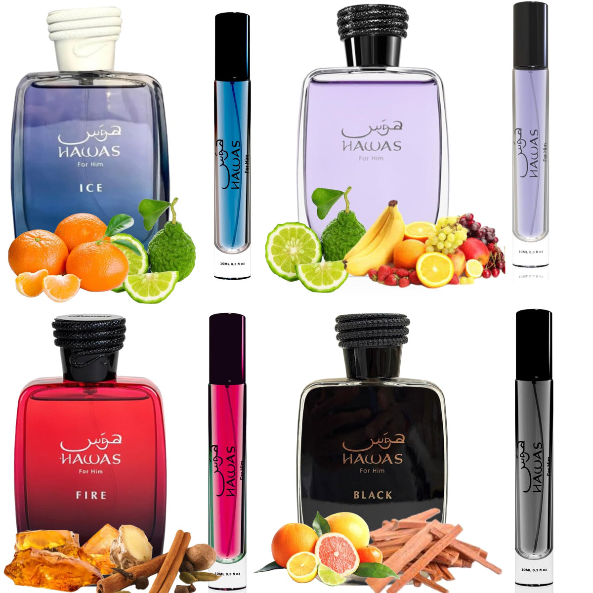 Equivalence HAWAS 4 Pieces Set Eau De Parfum Spray for MEN edition travel Size BUNDLE 0.34 Ounce HAWAS +ICE + FIRE +BLACK, LARGE BOTTLES NOT INCLUDED It is only a reference