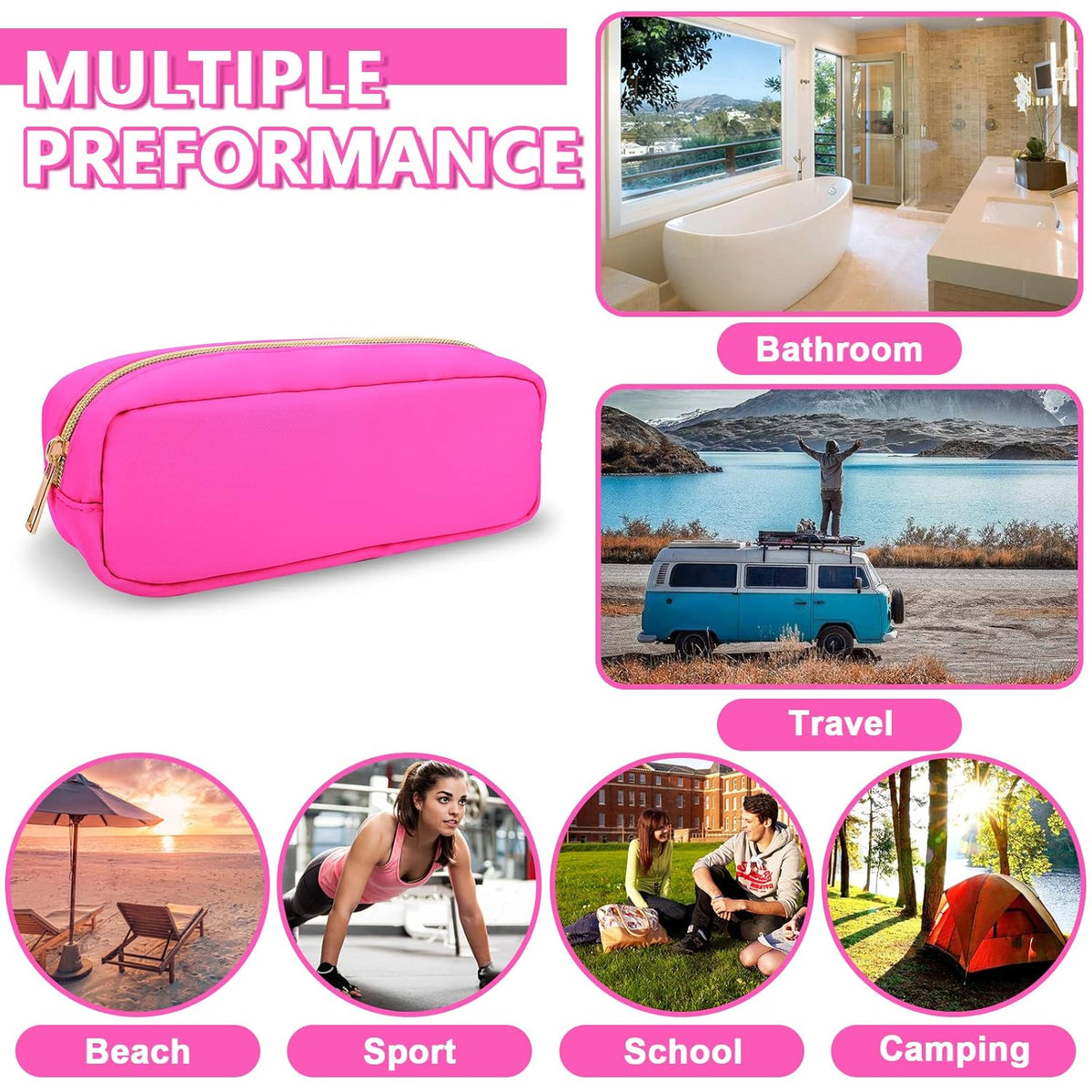 Small Pencil Case Makeup Bag for Purse, Cute Pencil Pouch Preppy Nylon Makeup Brush Bag with Zipper , Girls Portable Stationery Storage Case Small Pen Bag for Office School College(Slim-Bubblegum)