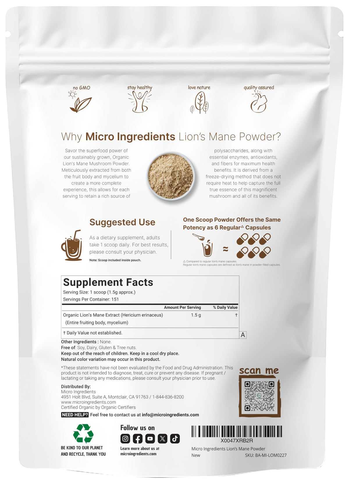 Micro Ingredients Organic Lion’s Mane Mushroom Powder, 8oz | Pure Fruiting Body Superfood | Supports Brain, Focus, Energy & Immune Health | Great for Smoothies & Coffee | Filler Free, Vegan, Non-GMO