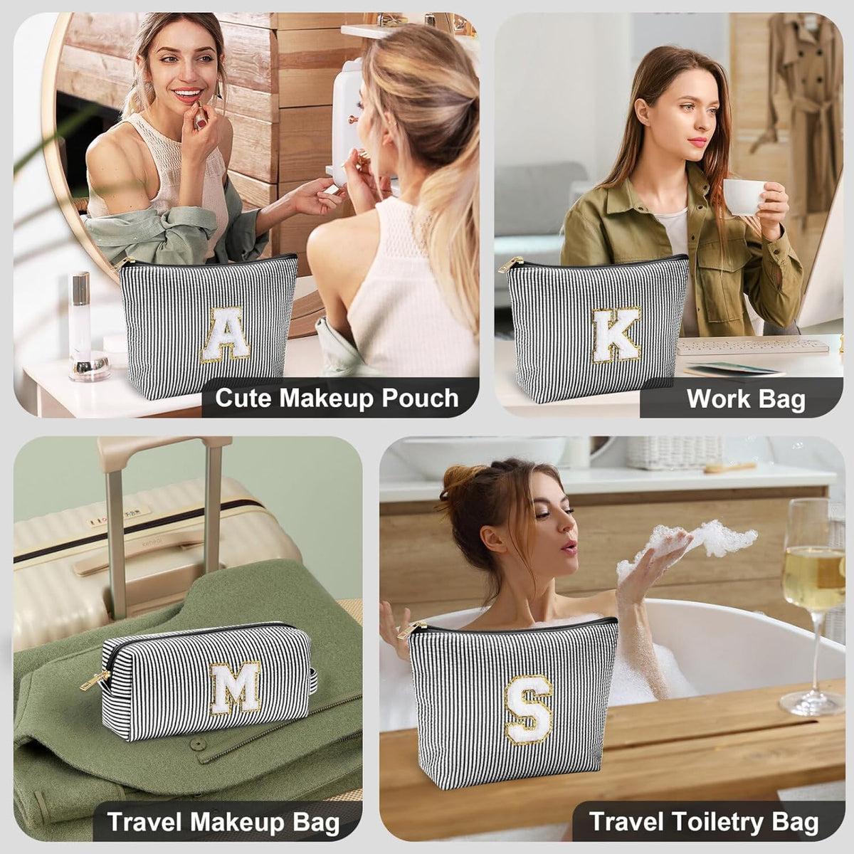 YOOLIFE Initial Cute Monogrammed Makeup Bag for Women - Personalized Birthday Gift for Teen Girl or Mom - Black