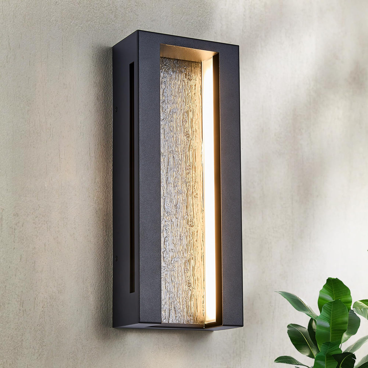 Tarentlight Modern Outdoor Wall Lights, IP65 Waterproof & Anti-Rust, 1800 Lumens Dimmable LED Porch Lights, Textured Black Metal with Art Glass, Warm White, Wall Mount for Patio, Entryway, Balcony