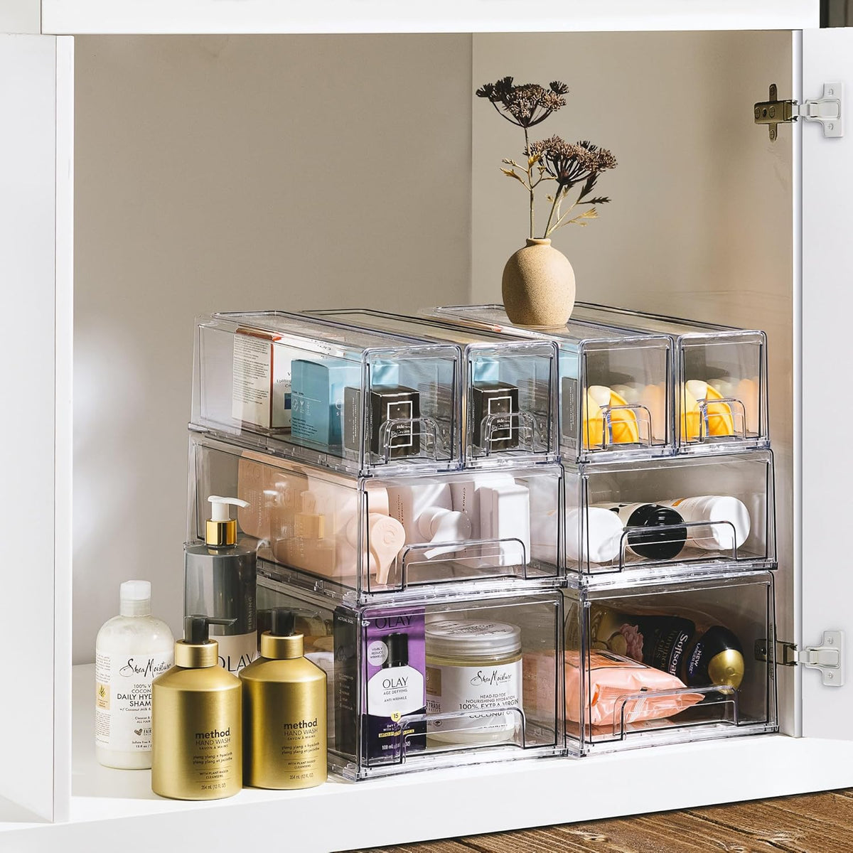 Sorbus Small Clear Stackable Storage Drawers – 4-Pack Plastic Organizer Bins with Handles – Stackable Pull-Out Storage Drawers for Closet, Pantry, Office, Bathroom, Craft, and Toy Organization