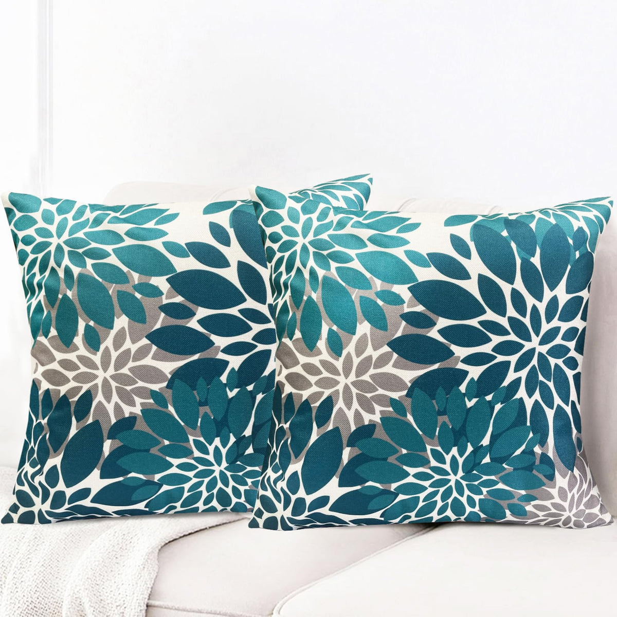 RYSMIYOU Decorative Throw Pillow Covers Set of 2 Teal Blue pillow covers 18x18 inch Throw Pillow Cases Linen Square Pillow Case,Farmhouse Outdoor Floral Flower Pillow Covers for Couch Sofa Living Room