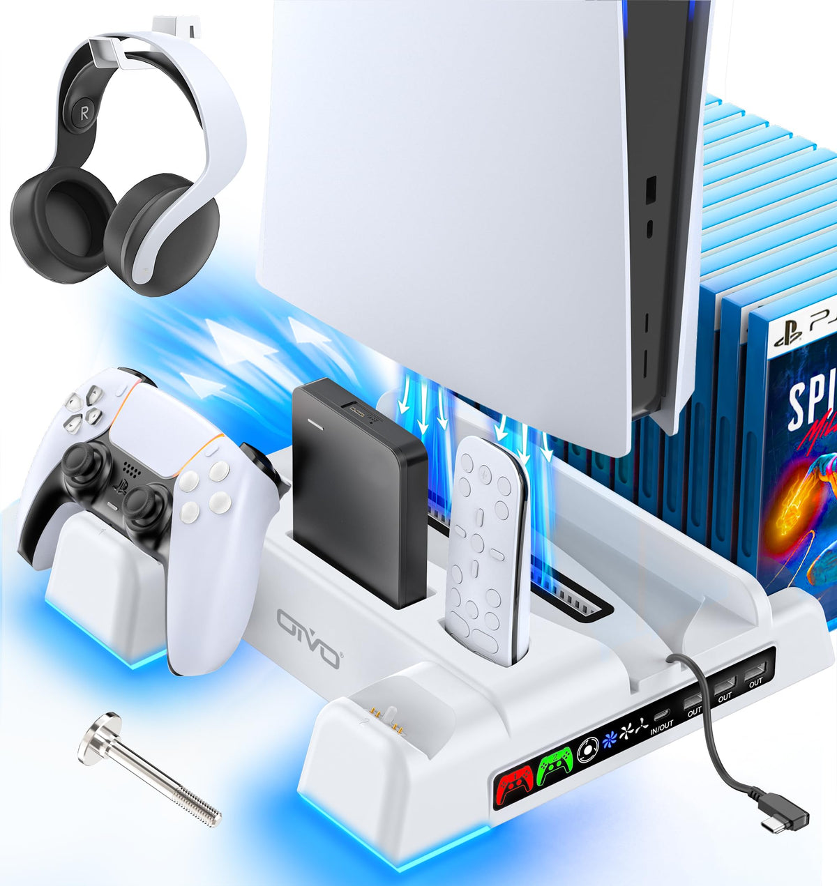 PS5/Slim/Pro Stand and Cooling Station with LED Controller Charging Station for PlayStation 5 Console, Controller Charger, Cooling Stand, PS5/Slim/Pro Accessories Kit with 3 Level Cooler Fan