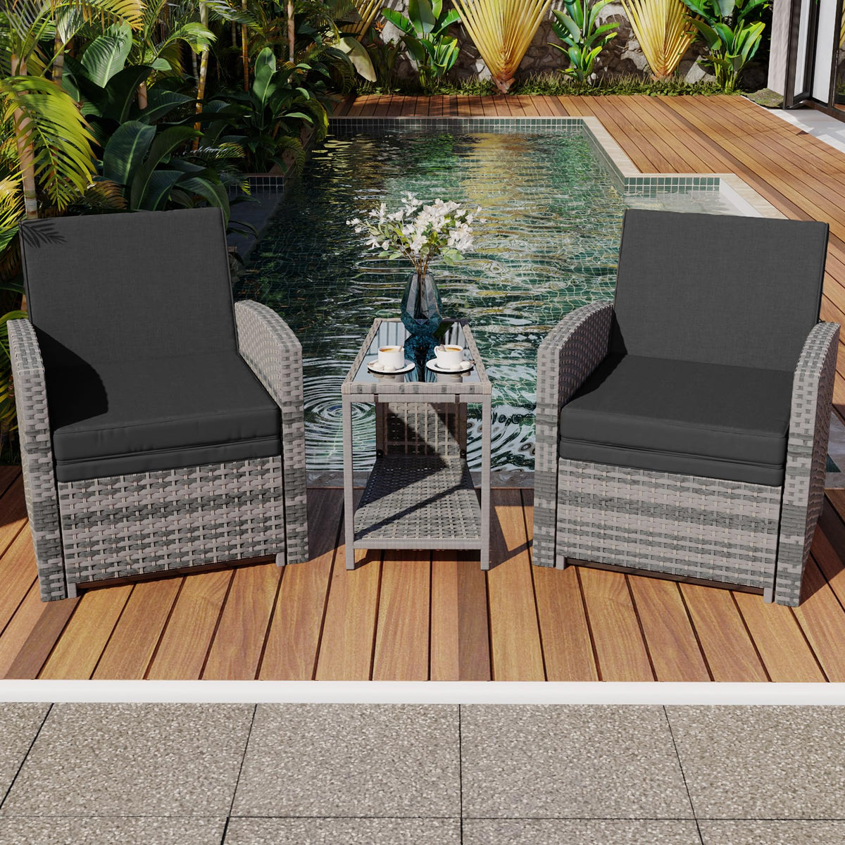CIRMUBUY 5 Piece Outdoor Patio Furniture Set, Wicker Patio Conversation Set, Outdoor Lounge Chair with Ottomans and Coffee Table for Balcony Lawn Garden (Grey)