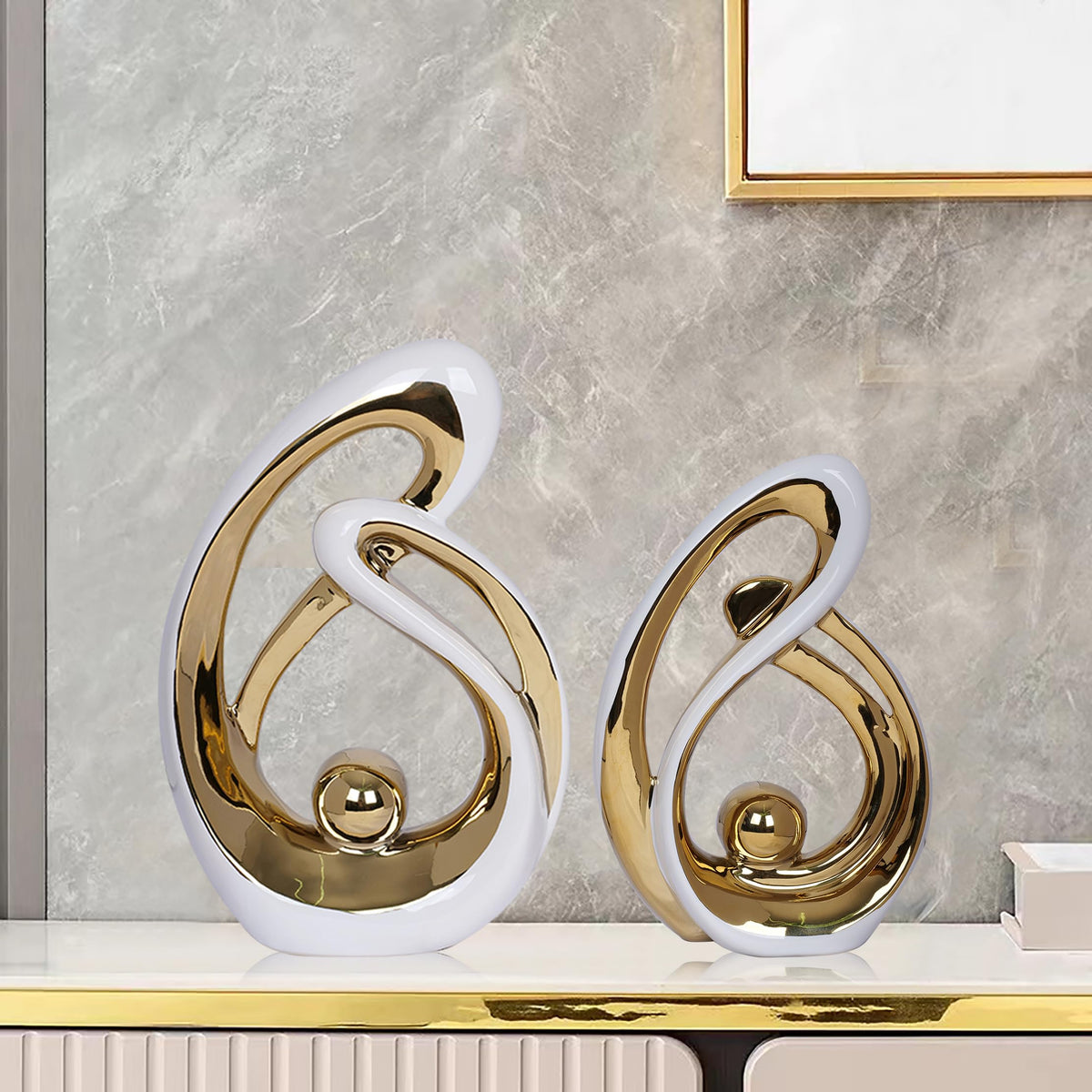 2 PCS White Gold Decor Accent Ceramic Statue White Mid Century Modern Home Decor Accents Sculpture Decorations Centerpieces for Living Room Bookshelf Shelf Coffee Table Kitchen Office Dining Table