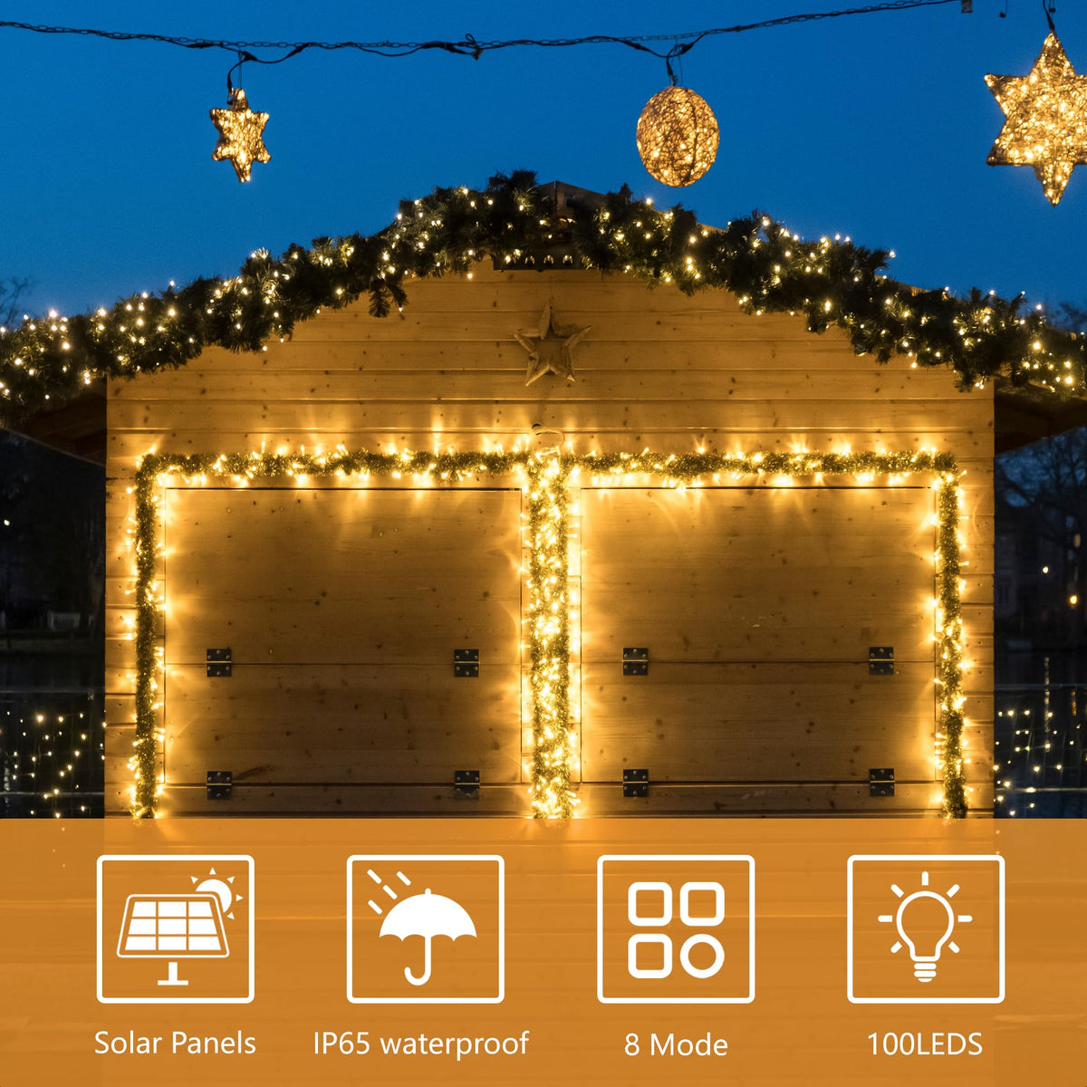 Solar String Lights for Outside, 39Ft 100 LED Solar String Lights Outdoor with 8 Modes ,Solar Christmas Lights Outdoor Waterproof for Yard, Fence,Balcony, Party,Christmas Tree Decorations (Warm White)