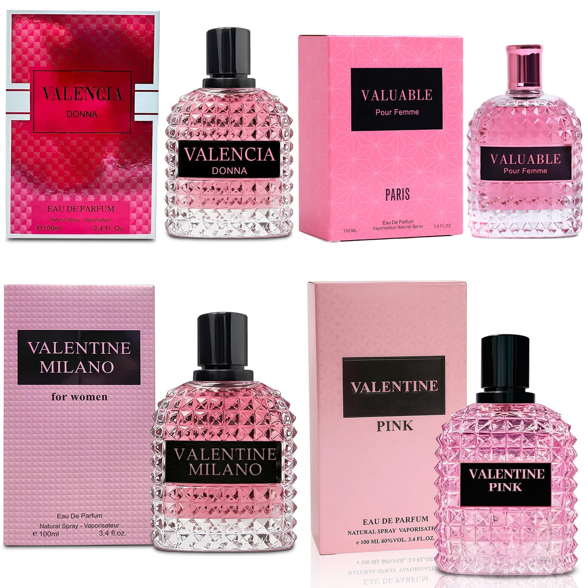 A CENTER 4PCS Perfume Set for Women - Floral Fragrance Gift Set with Vanilla,Sweet Fruity, Eau De Parfume| 3.4 Fl Oz Each(Valentine Milano,Valentine Pink,Valuable,Valencia Donna)
