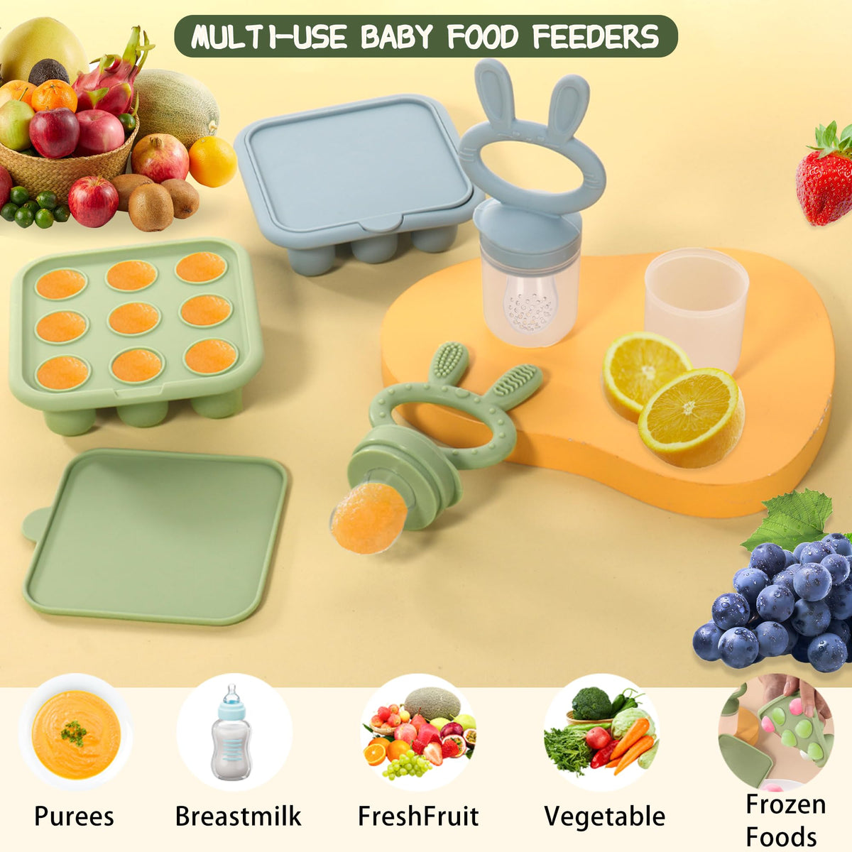 WAJIAYON Easter Bunny Baby Breastmilk Popsicle Molds & Baby Fruit Feeder,Infant Food Freezer Tray Storage Containers, Silicone Teething Pacifier Feeder and Teether for Babies,Moss and Fawn