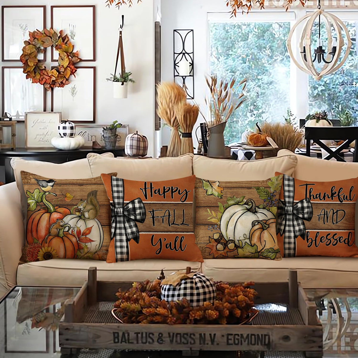 NIGHTWISH Fall Pillow Covers 18x18 Set of 4 Thanksgiving Decorations Squirrel Chestnut Pumpkin Outdoor Fall Decor Throw Pillow Covers Wood Striped Farmhouse Harvest Autumn Cushion Case for Sofa Couch