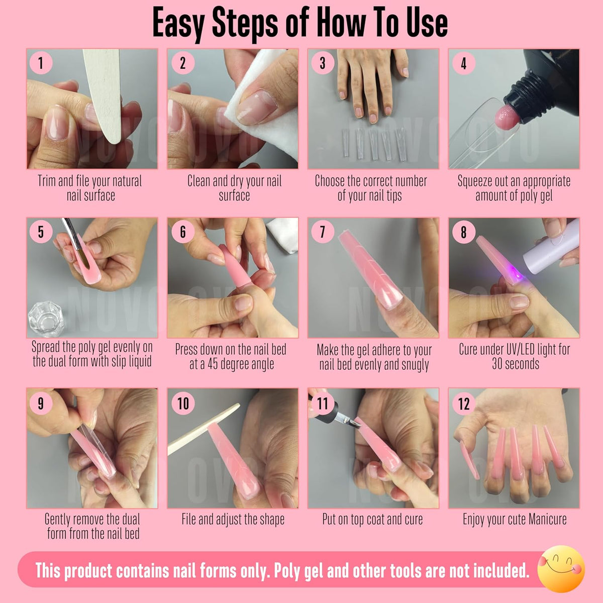 Tapered Square (Natural not Sculpted) Nail Dual Forms for Poly Gel Extension with Guiding Line Inside, XL XXL Reusable Full Cover Acrylic Builder Hard Gel Polygel Molds x 15 sizes 150 Pcs