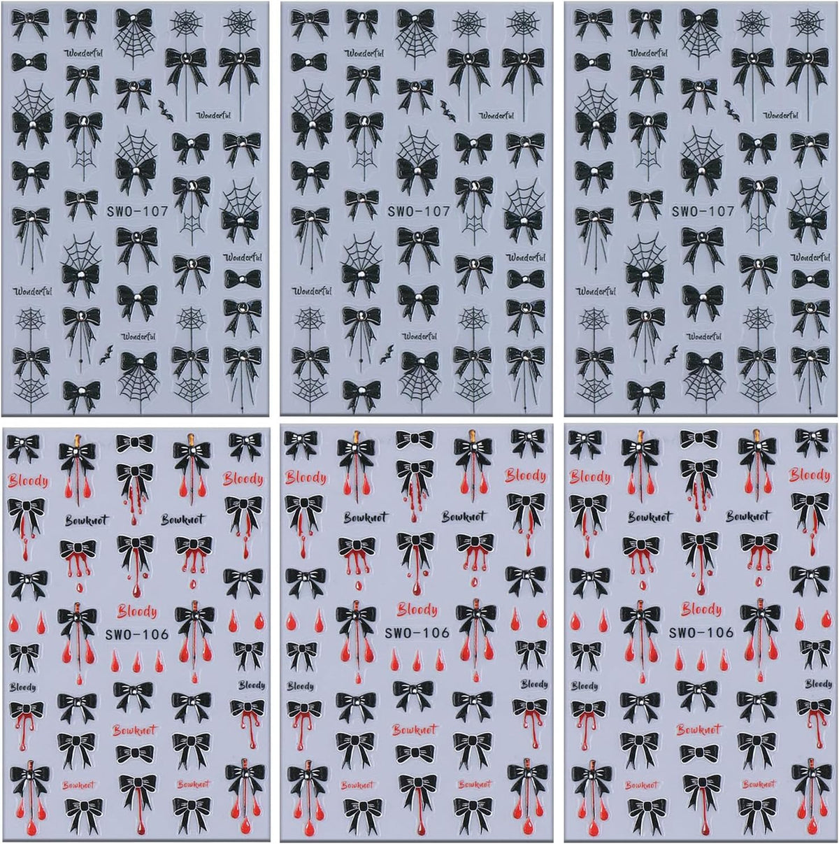 6 Sheets Halloween Nail Art Stickers 3D Self -Adhesive Black Bow Spider Web Nail Decals Holographic Bat Blood Drops Nail Stickers Halloween Nail Decoration for Women Manicure Supplies