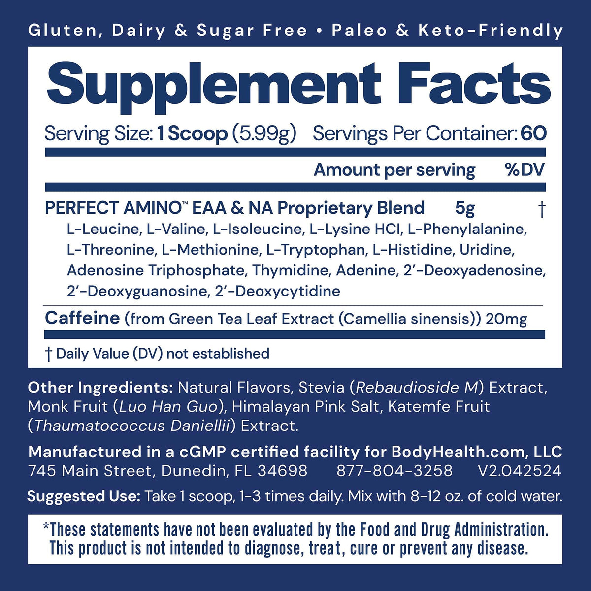 BodyHealth PerfectAmino Powder - BCAA and EAA Powder for Pre and Post Workout - Amino Acid Energy Drink for Men and Women to Support Lean Muscle and Recovery - Mocha - 60 Servings