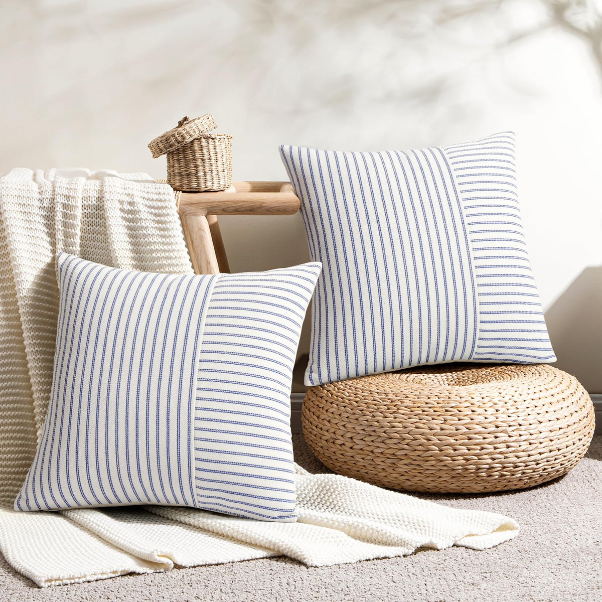 Farmhouse Pillow Covers 18x18, Modern Accent Square Throw Pillow Covers Set of 2, Blue and Beige Striped Patchwork Linen Decorative Pillows Cushion Covers for Couch Chair Bedroom Fall Decorations