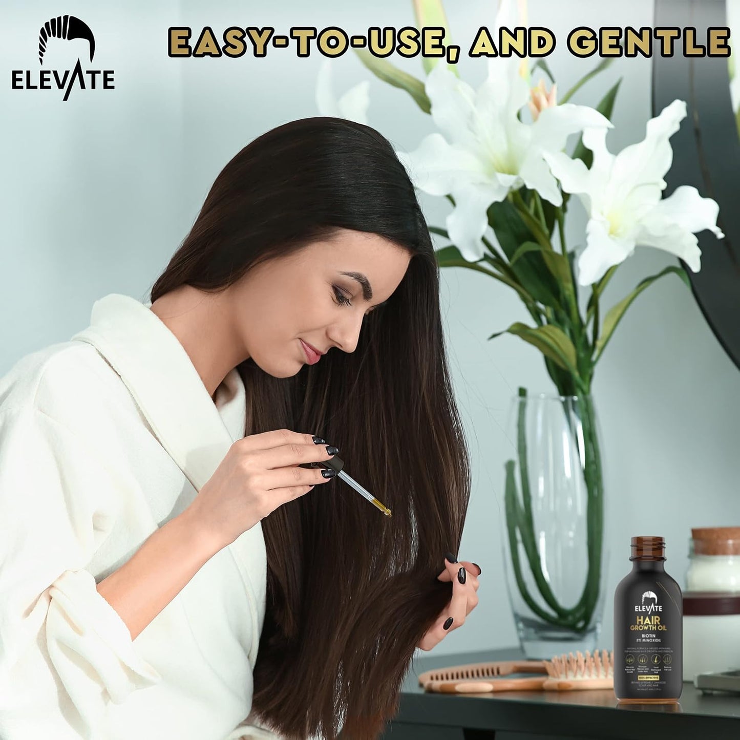ELEVATE Hair Growth Oil - Biotin Serum & 5% Minoxidil Treatment for Stronger Thicker Longer Hair – Natural Hair Growth Thickening Treatment - Stop Thinning & Hair Loss for Men & Women 1oz