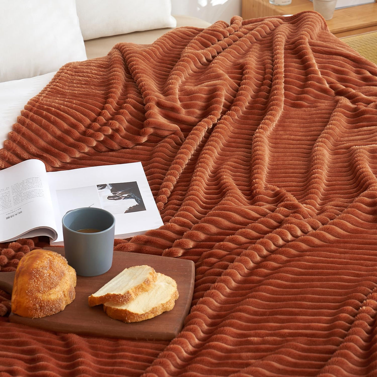 MIULEE Fall Rust Throw Blanket 3D Ribbed Jacquard Fleece Flannel Velvet Plush Decorative Bed Blanket (Throw, 50" x 60") - Super Soft, Lightweight, Warm and Cozy for Couch Sofa Home Decor