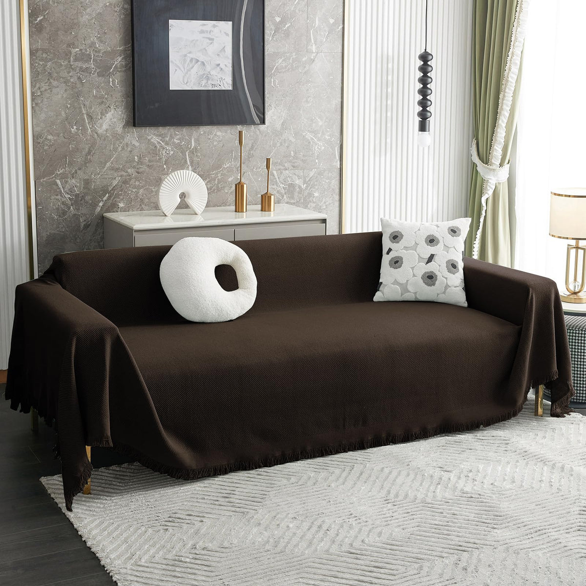 MYSKY HOME Sofa Cover for 2 Cushion Couch - Geometrical Slipcover for Living Room Sectional and Dogs (X-Large, 71" x 118", Chocolate)