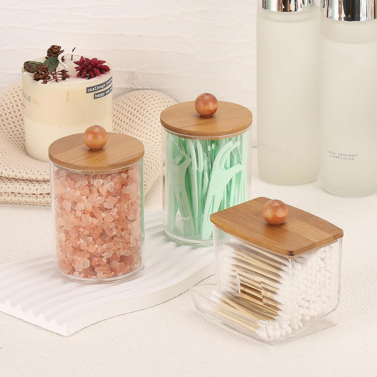 Tbestmax Qtips Holder Dispenser, 10/7 oz Cotton Ball/Swabs Storage Containers, Apothecary Jars for Bathroom Organizer Bambooo Lids