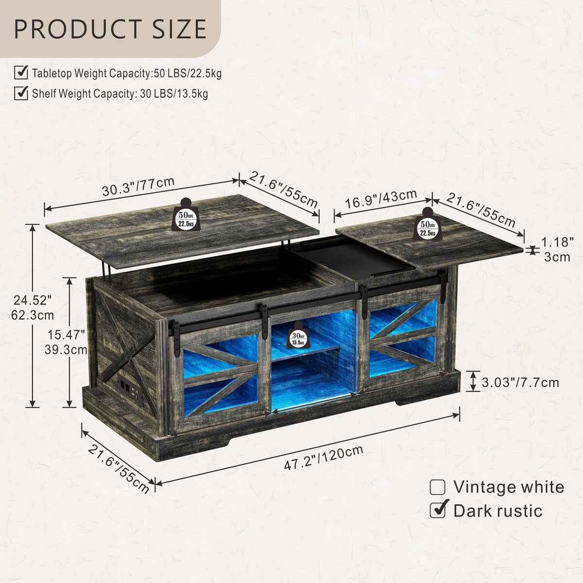 Lift Top Coffee Table with Gun Cabinet, 2 Sliding Barn Doors-Large Storage and 3 Color LED Lights fit Modern Rectangular Rustic Living Room Center Table(Dark Oak)