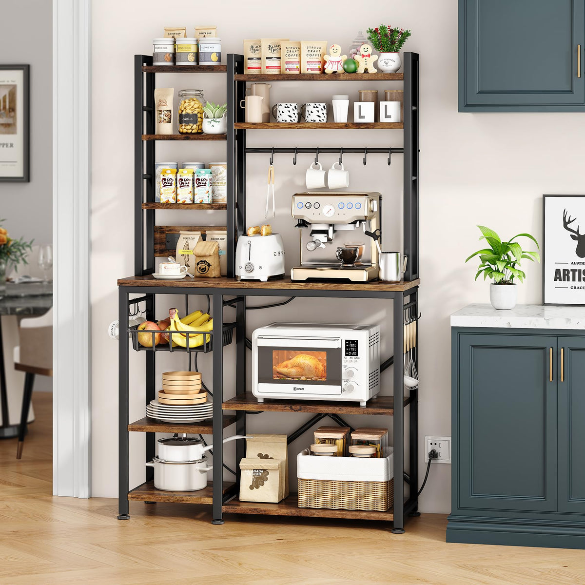 Baker Rack with Power Outlet - Microwave Stand with Storage, Large Coffee Bar Station with 14 Hooks, Metal Kitchen Shelf Rack for Spices, Pots (Rustic Brown)