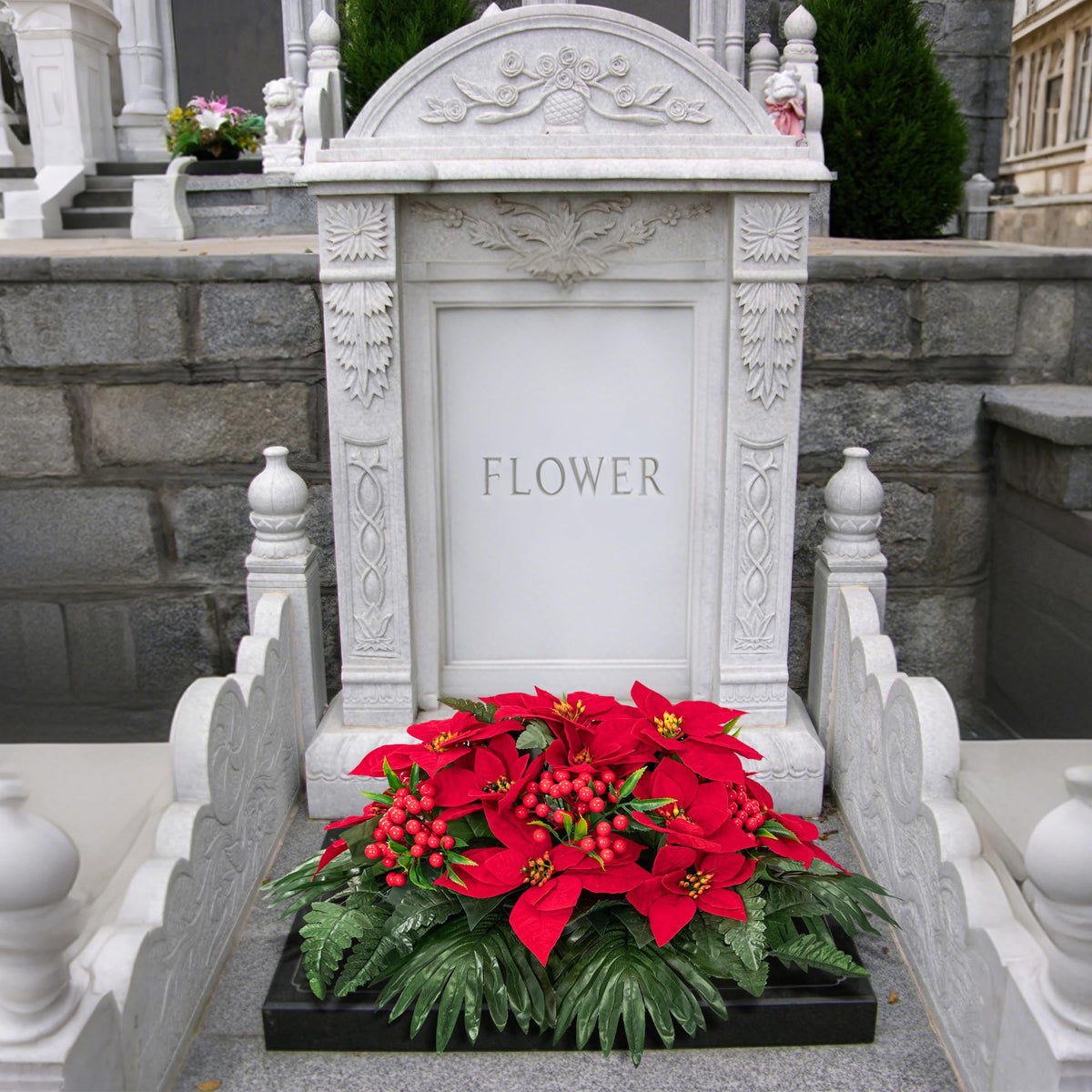 Uqueeten Poinsettia Flowers Artificial Christmas Grave Decorations for Cemetery Sympathy Flowers Cemetery Vases for Grave Fake Flowers Christmas Cemetery Decorations Plastic Christmas Flowers (Red)
