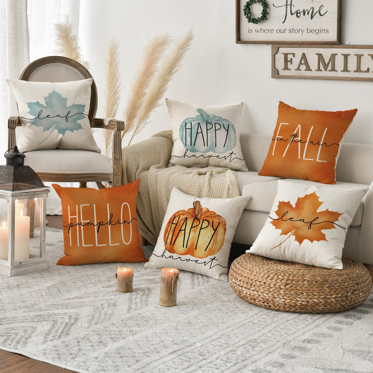 AVOIN colorlife Hello Pumpkin Fall Happy Harvest Maple Leaf Throw Pillow Covers, 20 x 20 Inch Pillows Autumn Seasonal Cushion Case for Sofa Couch Set of 4