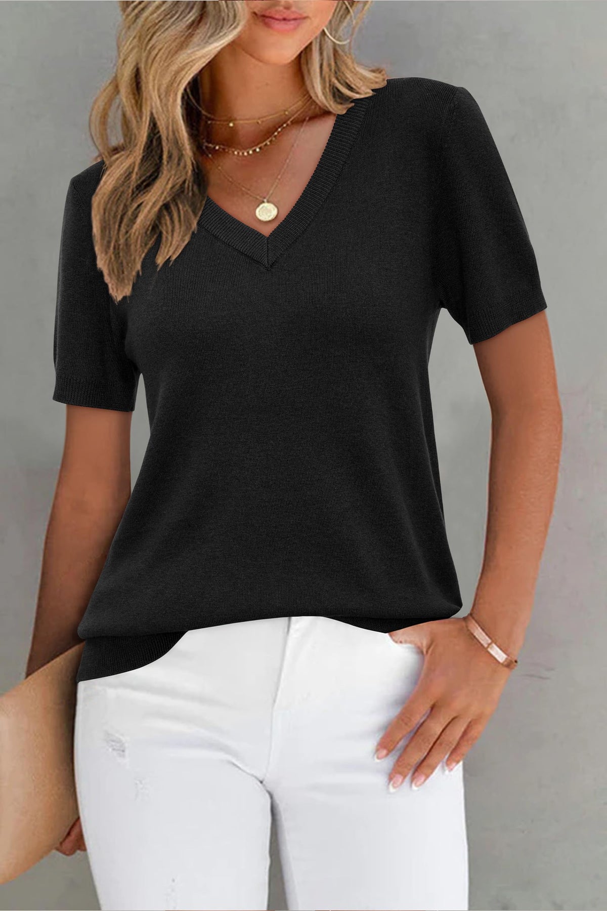 Arach&Cloz Sweater for Women 2025 Spring Fashion Clothes V Neck Short Sleeve Summer Cute Tops Dressy Business Casual Trendy Teacher Work Outfits Cashmere Shirts Black