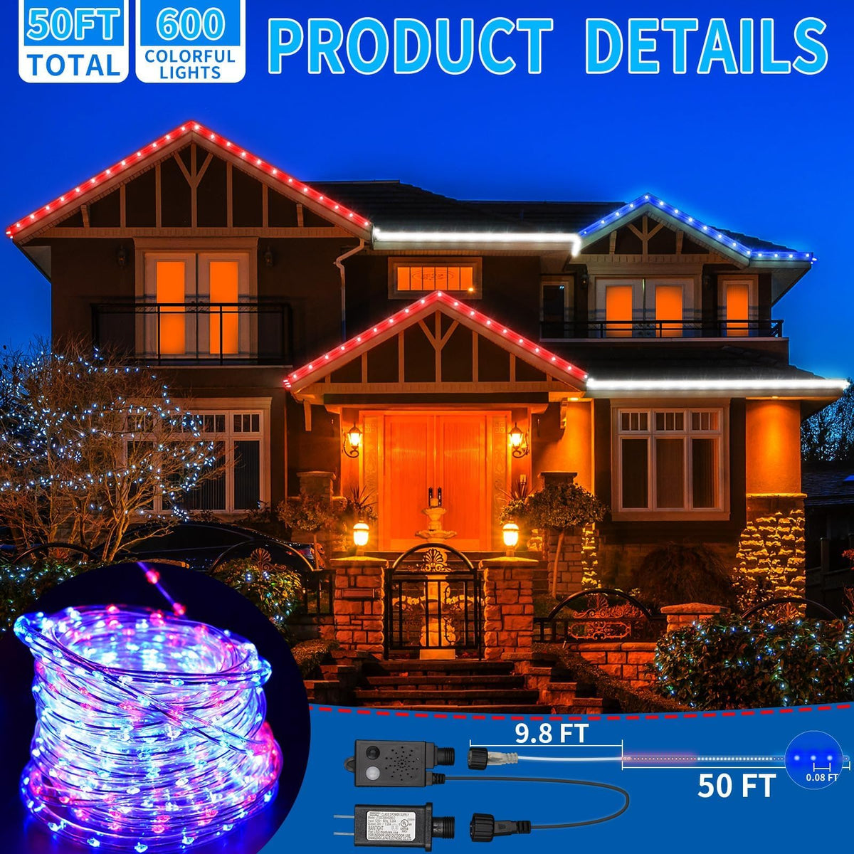 Kenburg 4th of July Red White and Blue Rope Lights with Patriotic Music, 50ft 600 LED 8 Modes Fourth of July Decorations Plug in Timer Tree Lights Outdoor for Independence Day Memorial Day