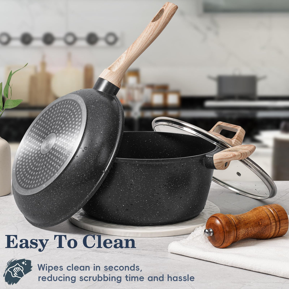 SODAY 12 Pcs Pots and Pans Set Non stick, Cookware Sets Black Granite Induction Cookware, Non-toxic Healthy Nonstick Kitchen Cooking Set with Frying Pans Set, Saucepans (PFAS/PFOA/PFOS Free)