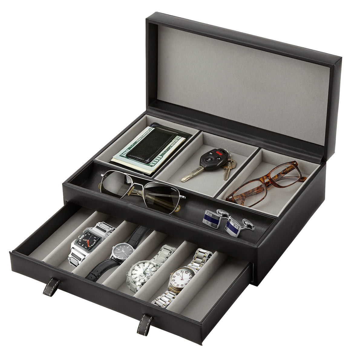 Stock Your Home Mens Valet Tray, Men's Jewelry Box, Night Stand Organizers and Storage, Bedside Table Organizer, Watch Box for Dresser, Faux Leather (Black & Gray)