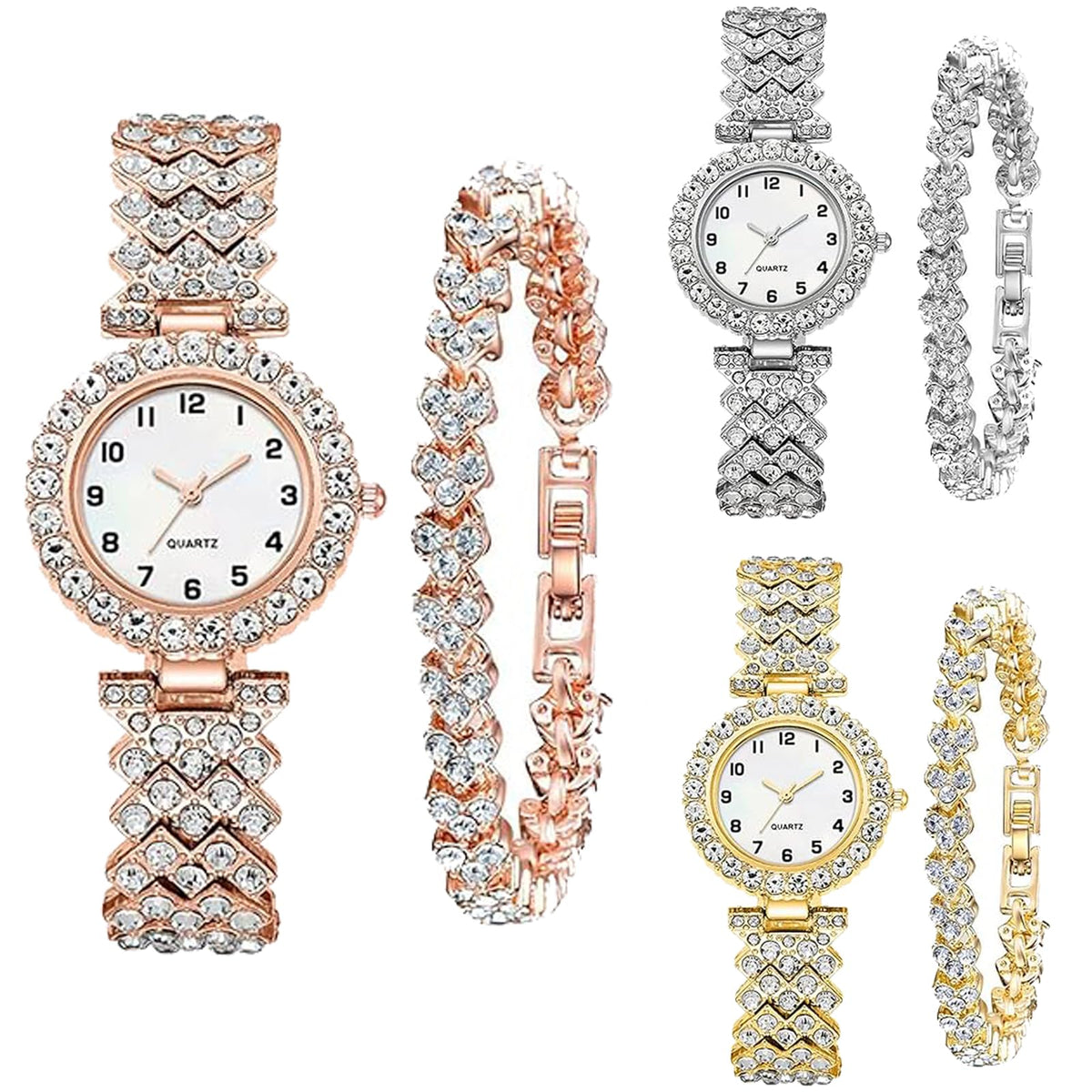 yunanwa 6 Pack Set Diamond Watches and Bangle Bracelet for Women Analog Quartz Wristwatch Jewelry Assorted Wholesales Silver Rosy Gold Ladies