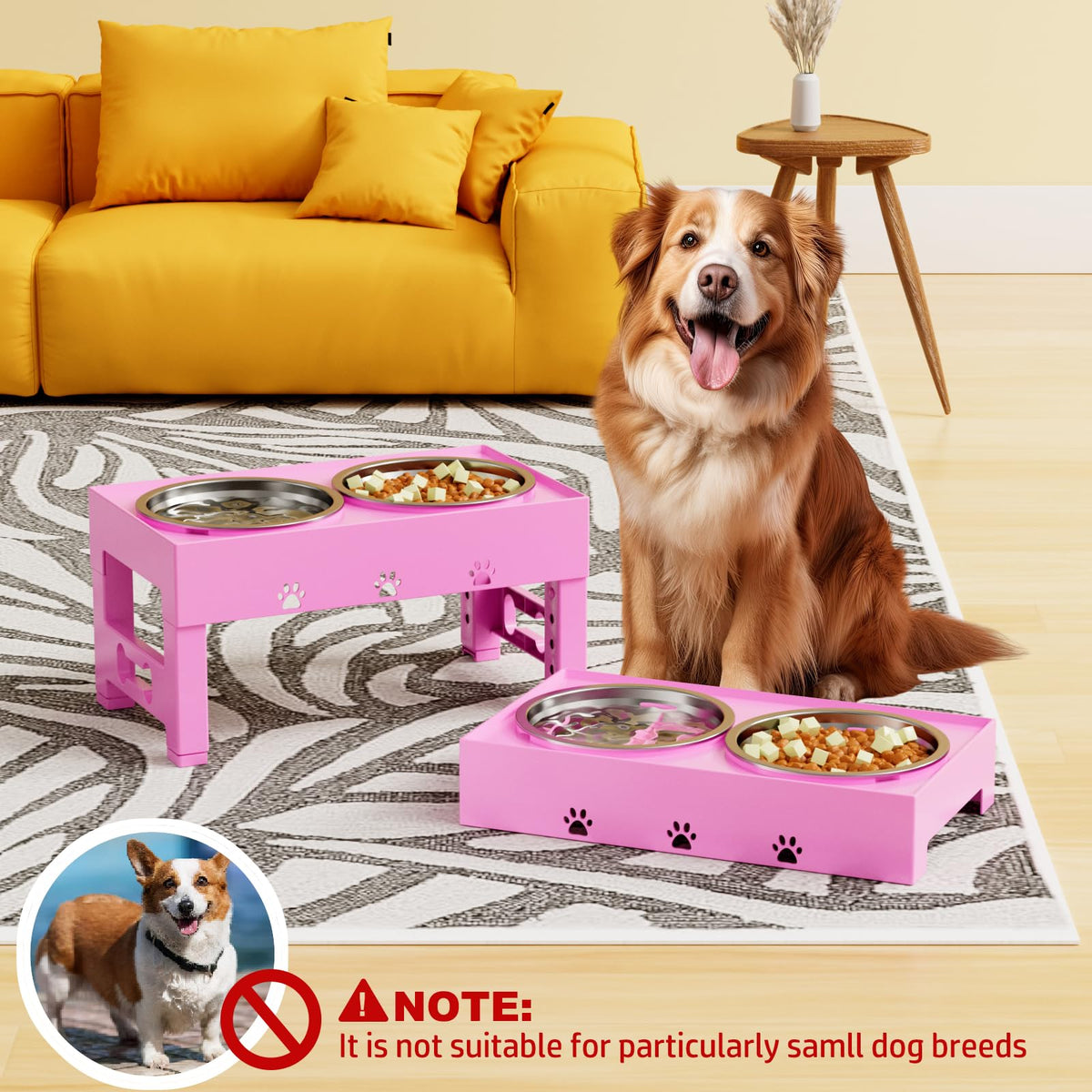 LAKIPETN Elevated Dog Bowls with 2 Stainless Steel Bowls, Raised Dog Food Bowl Stand 5 Height Adjustable (3.1", 9", 10", 11", 12") Non-Slip Feeder Set for Medium and Large Dogs - Pink