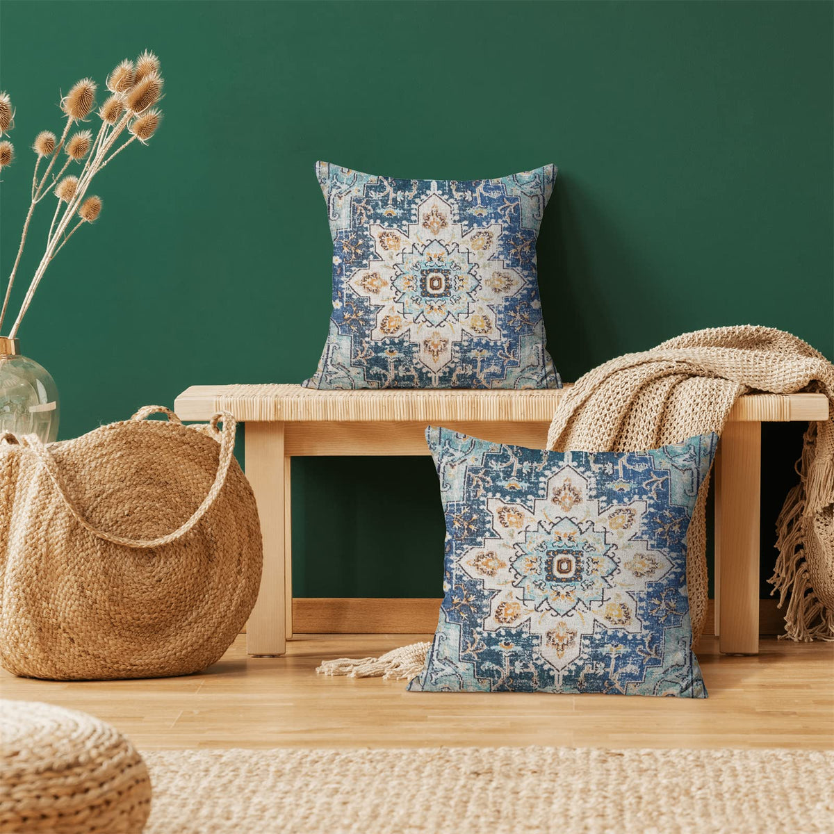 BETGINY Boho Pillow Covers 18x18, Blue and Teal Ethnic Design Outdoor Decorative Throw Pillows for Couch, Carpet Pattern Decor Cushion Cover 2 Pcs Farmhouse Linen Pillowcase for Bed Car Safa