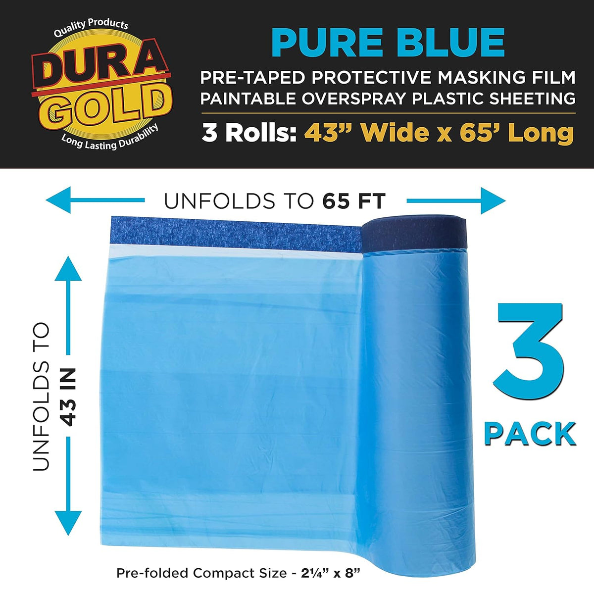 Dura-Gold 43" x 65' Pure Blue Pre-Taped Masking Film, (3 Pack) Painters Plastic Roll (0.4 Mil), Pull Down Drop Sheet, Pre-Taped Plastic Sheeting for Painting Protection on Auto, Walls, Furniture