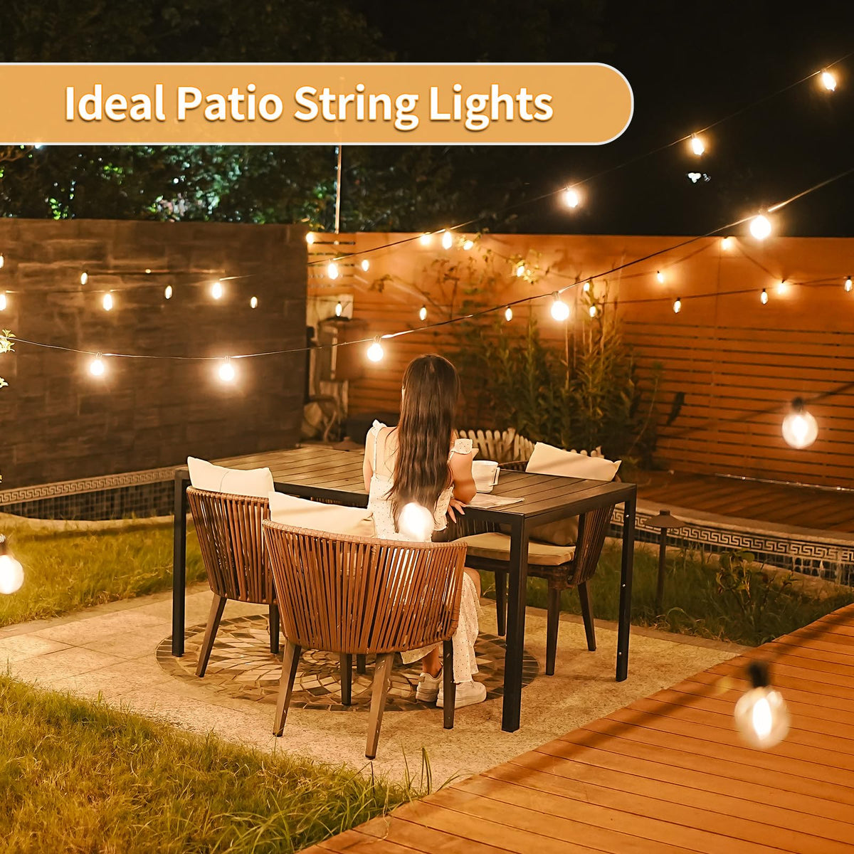 SANBEN 50ft LED String Lights with Remote, 25+1Bulbs Dimmable Patio Lights Outdoor, 24V Waterproof Plug, G40 Hanging Light for Outside Deck Garden Backyard Porch Party Decor