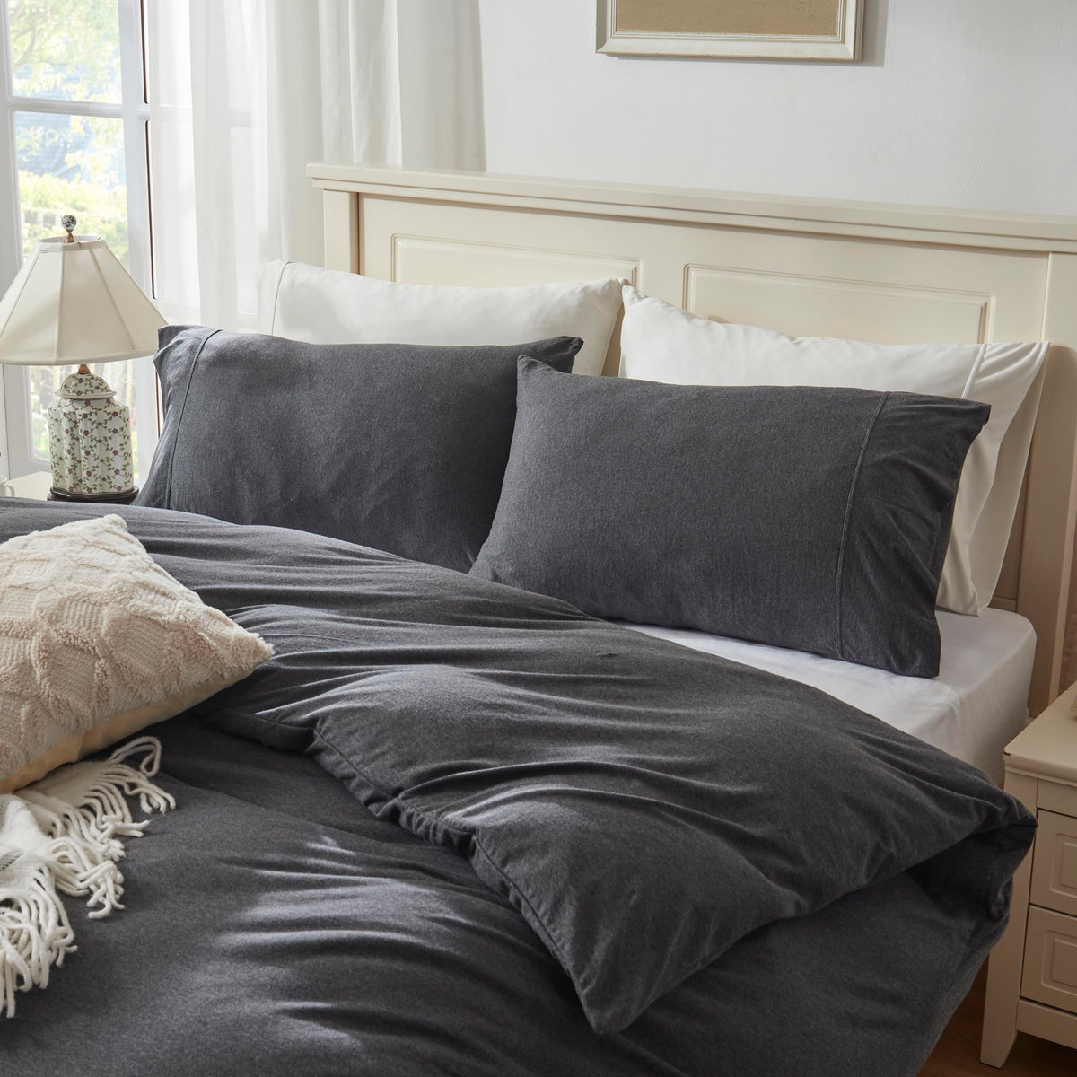 Household 100% Jersey Cotton Pillowcase 20”x30”-Light Weight, Comfortable, Super Soft Pillow Case with Envelope Closure Set of 2 (Dark Gray, Queen Size Pillowcase (20" x 30"))