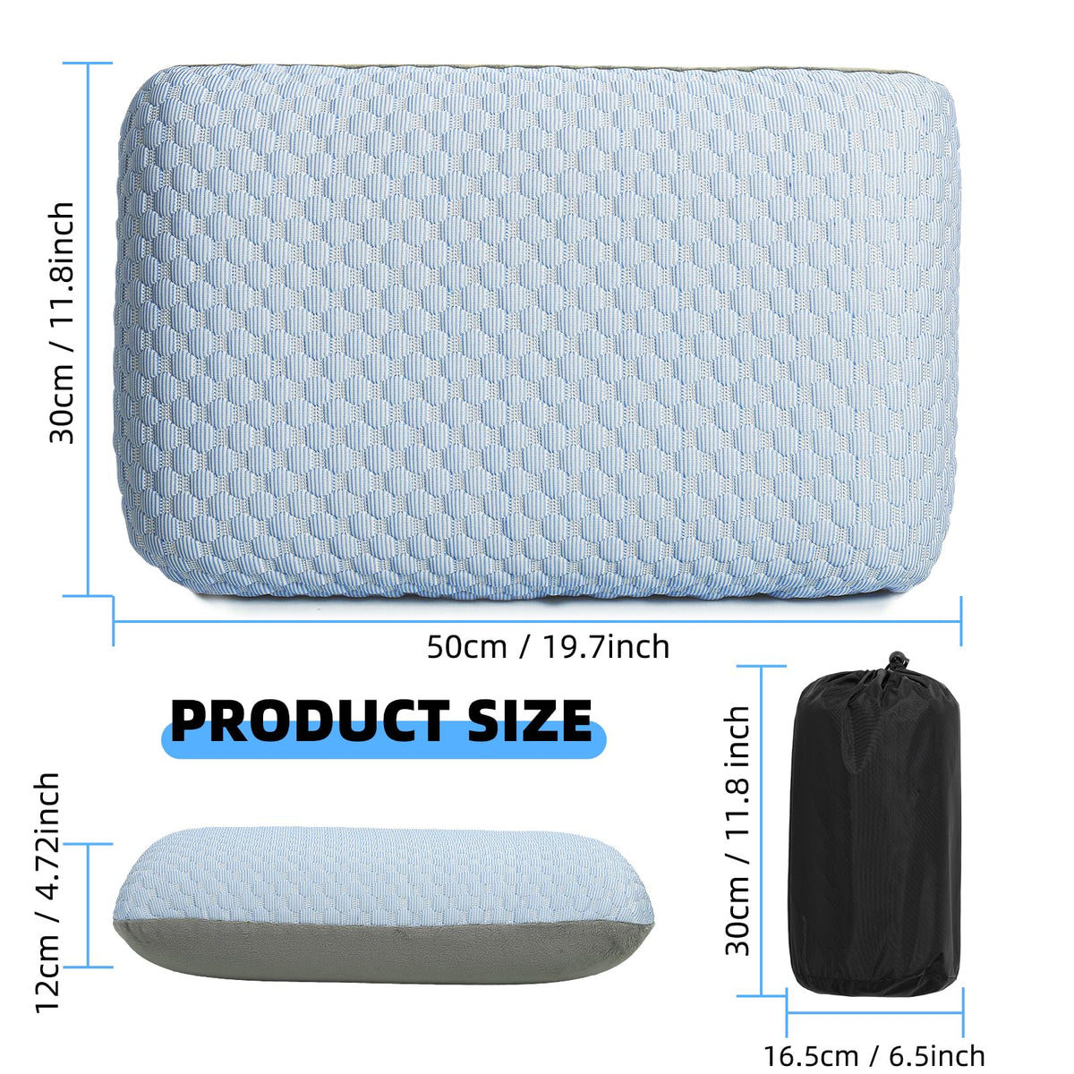 Crisonky Travel and Camping Pillow- Compressible Medium Firm Memory Foam Pillow with Carry Bag for Backpacking & Airplane, Lumbar Support. Breathable Cooling Fabric, Washable Pillowcase (Wathet Blue)