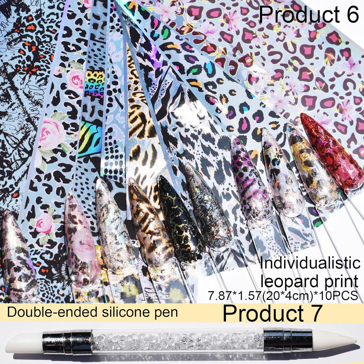 Nail Art Transfer Foils, 60 Pieces, Mixed Designs - Dried Flowers, Iridescent, Animal Print, Marble, Checkered Patterns, 1 Pcs Nail Art Engraving Pen Silicone Pen 7.87 x 1.57 inches(60)