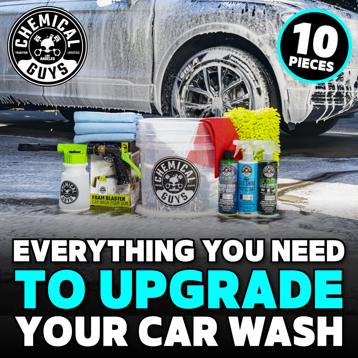 Chemical Guys HOL148 10-Piece Arsenal Builder Car Wash Kit with Foam Gun, Bucket, (4) Towels, Wash Mitt and (3) 16 oz. Car Cleaning Chemicals (Works w/Garden Hose) – 2024 Version