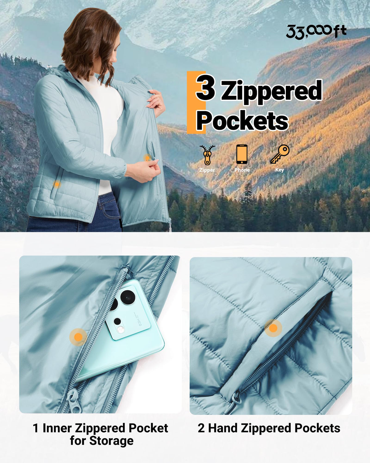 33,000ft Women's Hooded Packable Puffer Jacket Lightweight Warm Puffy Quilted Winter Coat