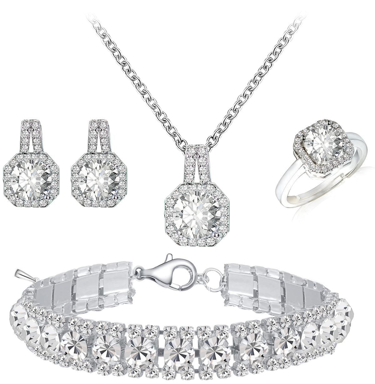 4pcs Cubic Zirconia Wedding Jewelry Sets for Bride Bridesmaid Cubic Zirconia Pendant Necklace Earrings Link Tennis Bracelet Open Ring Set for Women