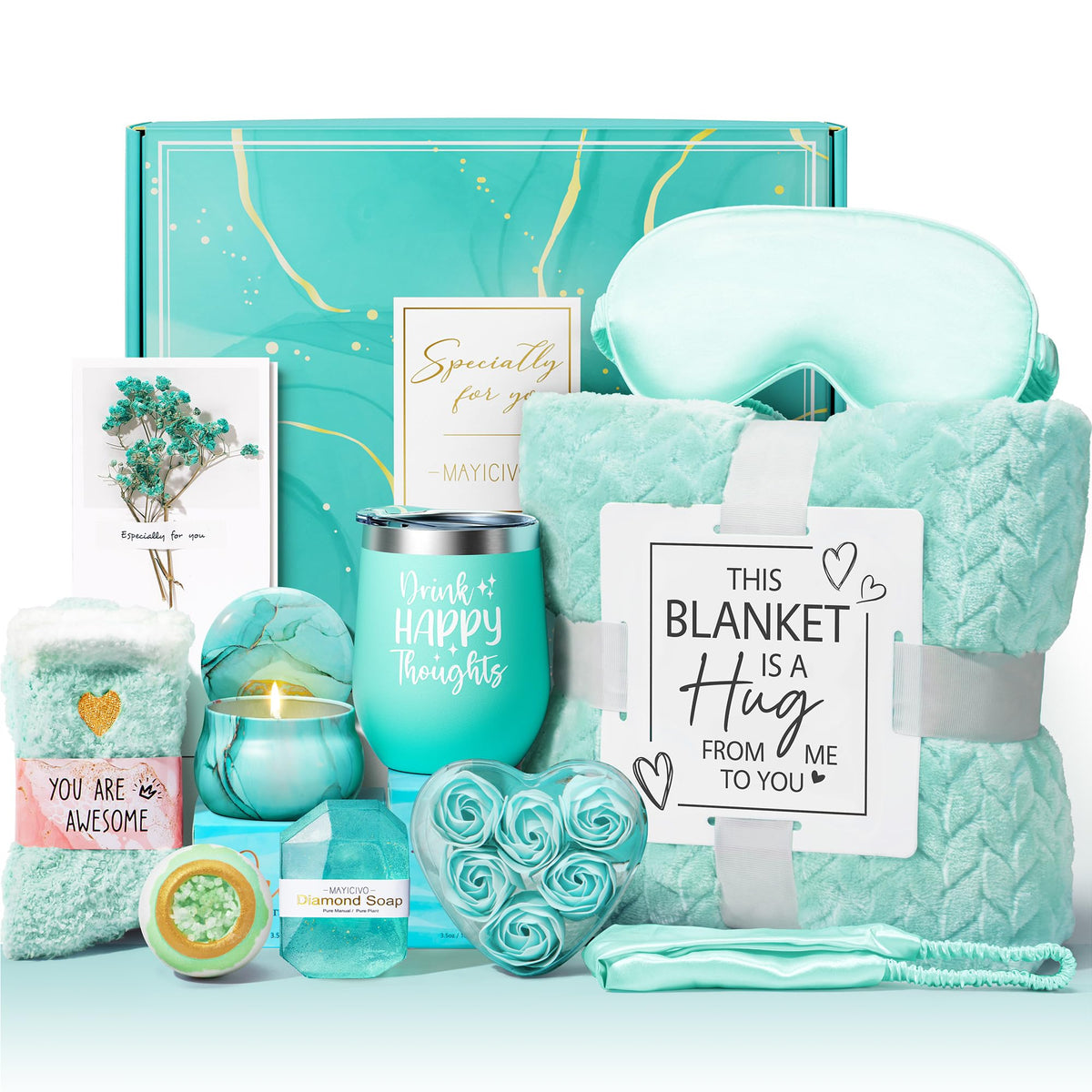 Birthday Gifts for Women Self Care Gifts Get Well Soon Gifts, Rose Relaxing Spa Gifts Basket Care Package w/ Luxury Flannel Blanket, Unique Mothers Day Gifts for Mom Her Friend Sister Wife Grandma