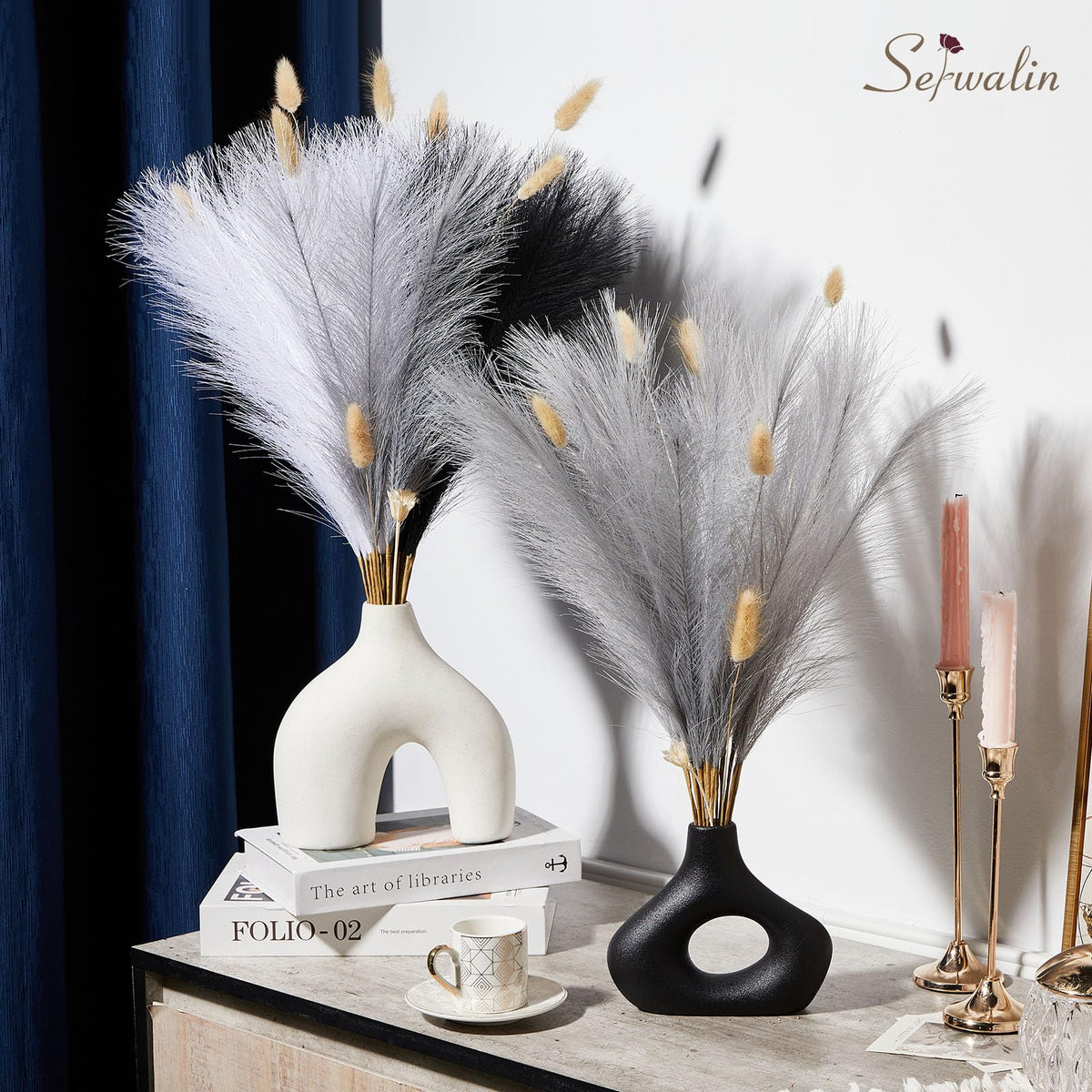 Serwalin 60Pcs Black Pampas Grass Decor, 17'' Faux Pampas Grass, Fluffy Artificial Pompous Grass Vase Filler Flower Arrangement for Living Room Decor Wedding Party Home Decor (Black&White&Gray)