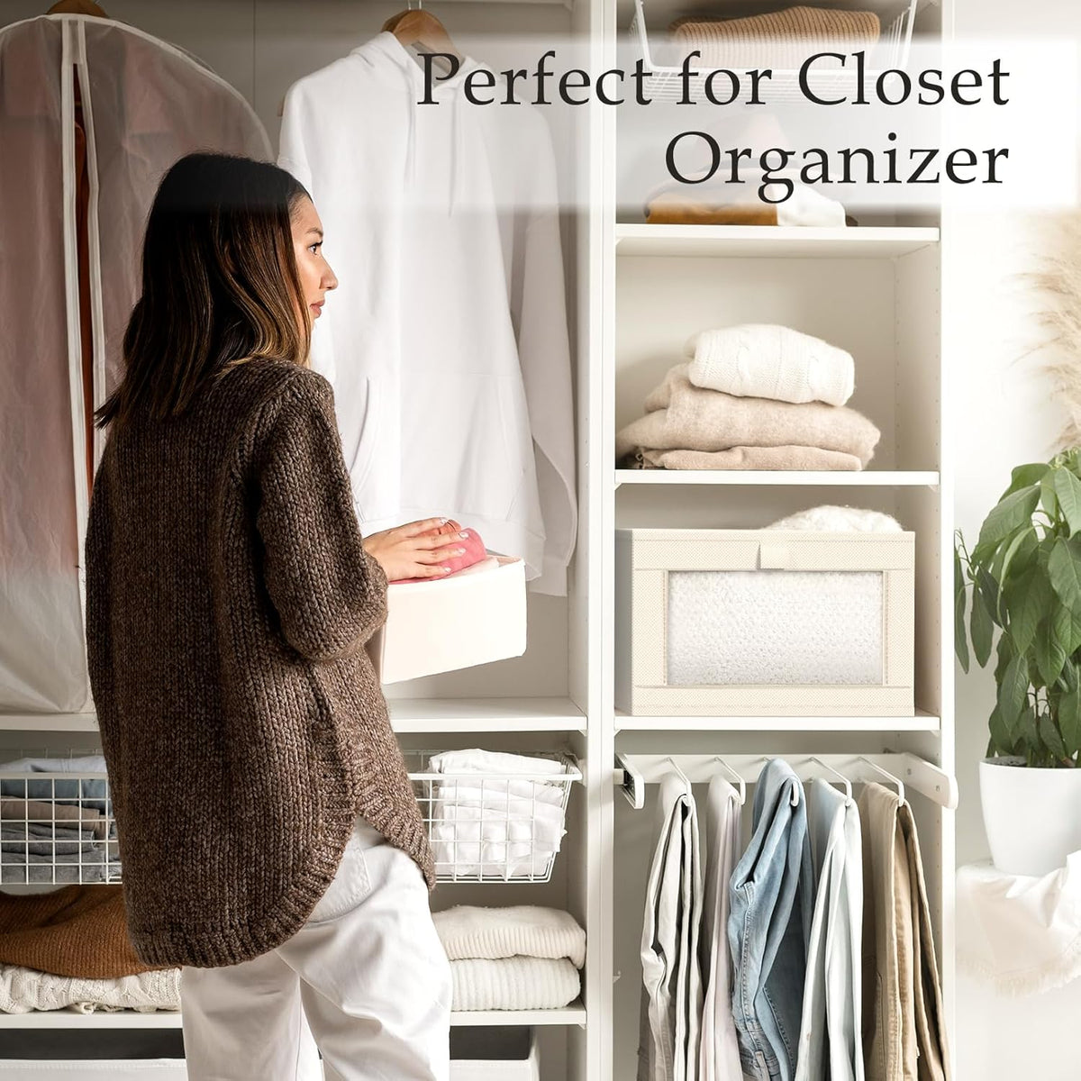 Criusia Linen Closet Organizers and Storage, 4 Pack Linen Closet Baskets with Mesh Window for Organization, Foldable Closet Organizer for Clothing, Towels, Toys, Nursery, Books, Shelves, Beige