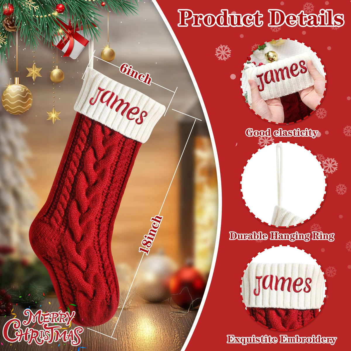 Personalized Christmas Stockings, 18” Large Custom Stockings with Embroidered Name, 1 Pack Knitted Xmas Stocking for Kids,Holiday and Family Stocking for Fireplace Christmas Party Decoration (A)